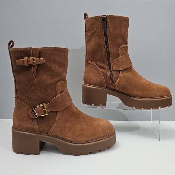 Michael Michael Kors Perry Moto Boot Womens 10 Brown Suede Combat Lug Sole - Picture 3 of 15